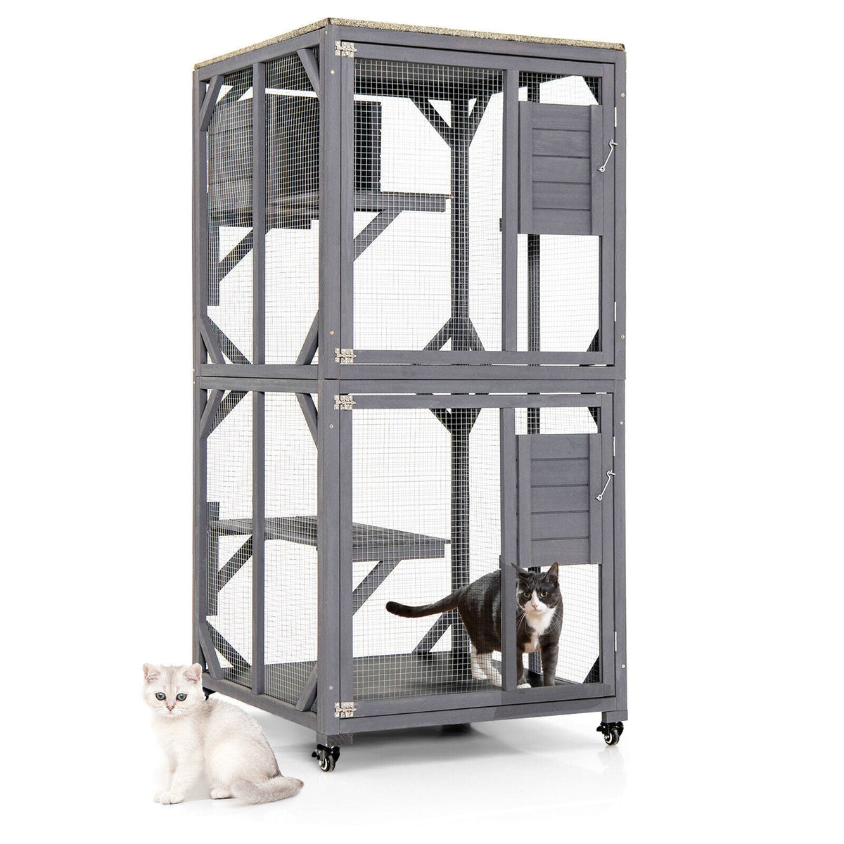 Outdoor Cat House Enclosures on Wheels Kitten Cages with Resting Box-Gray