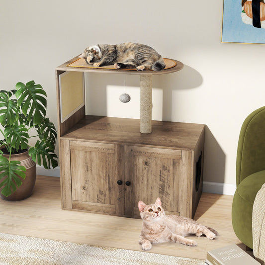 34.5 Inch Cat Tree with Litter Box Enclosure with Sisal Scratching Post and Mat-Gray