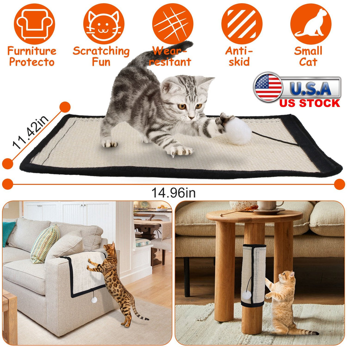 14.96x11.42in Cat Scratching Pad Small Cat Scratcher Natural Sisal Scratching Mat for Cat with 9 Screw Nails Protect Furniture Sofa Carpet