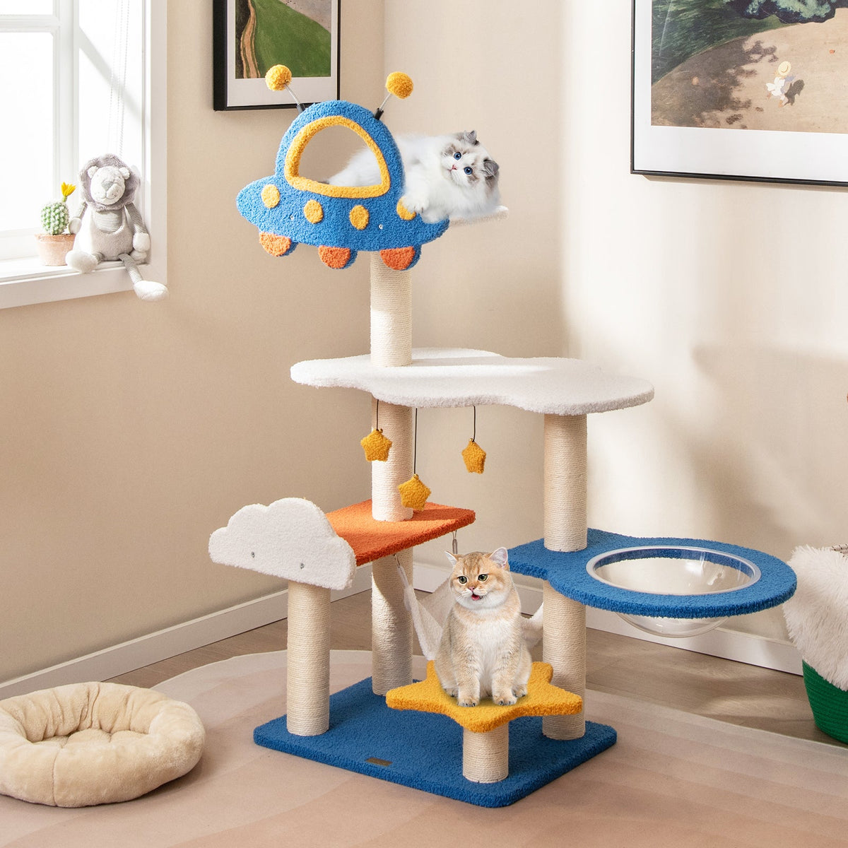 49 Inches Tall Cat Tree with UFO Top Perch Space Capsule and Sisal Scratching Posts-Blue