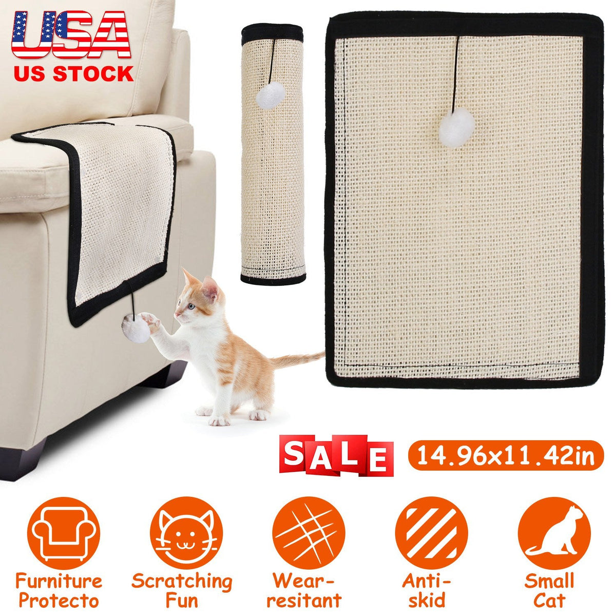 14.96x11.42in Cat Scratching Pad Small Cat Scratcher Natural Sisal Scratching Mat for Cat with 9 Screw Nails Protect Furniture Sofa Carpet