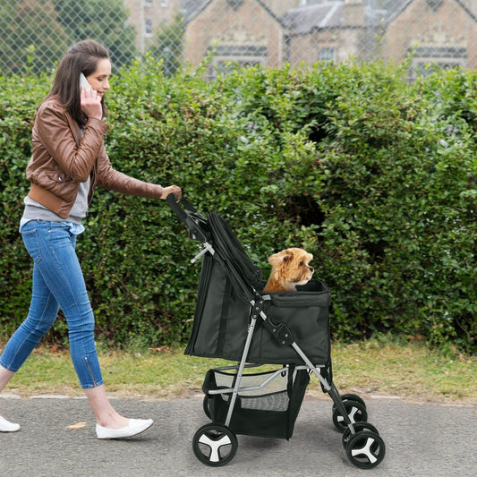 4 Wheels Pet Stroller Foldable Carrier Strolling Cart Travel Jogger Pet Stroller with Removable Liner Storage Basket for Dog Cat