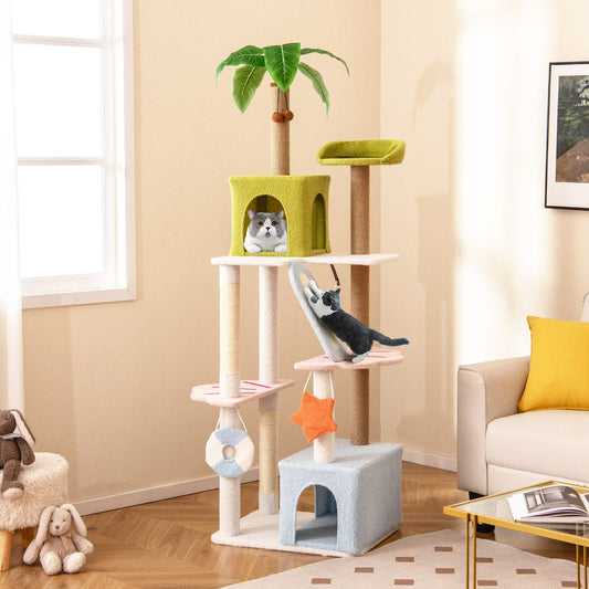 71 Inch Cat Tree Multi-Level Aesthetic Beach-Themed Kitten Tower-Colorful
