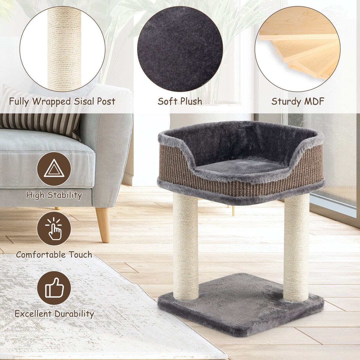 Multi-Level Cat Climbing Tree with Scratching Posts and Large Plush Perch