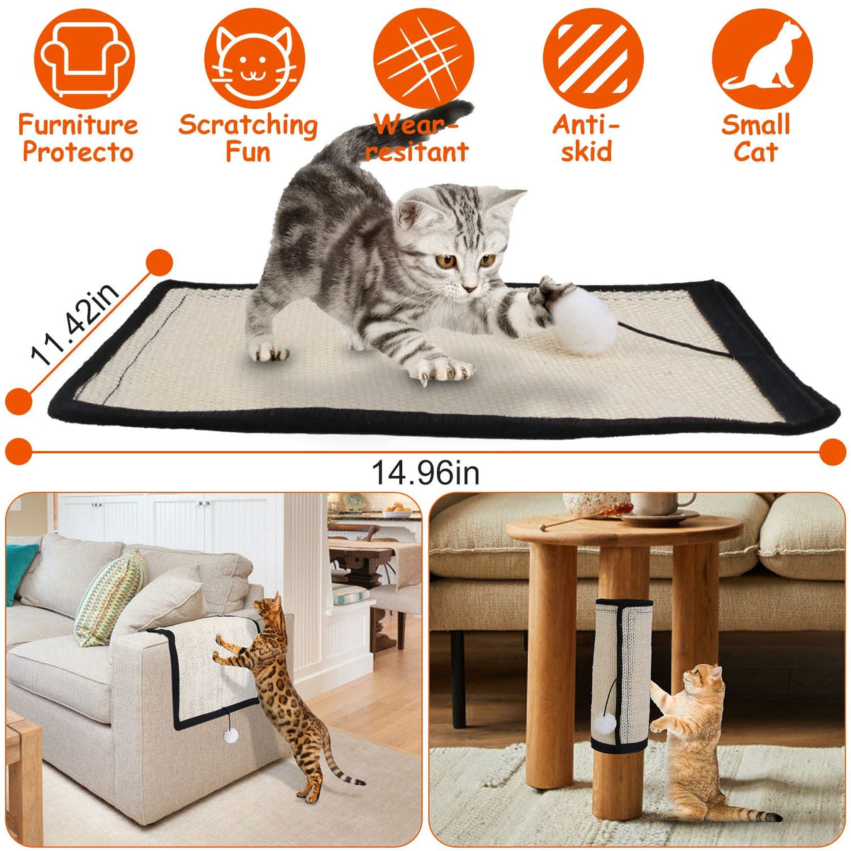 14.96x11.42in Cat Scratching Pad Small Cat Scratcher Natural Sisal Scratching Mat for Cat with 9 Screw Nails Protect Furniture Sofa Carpet