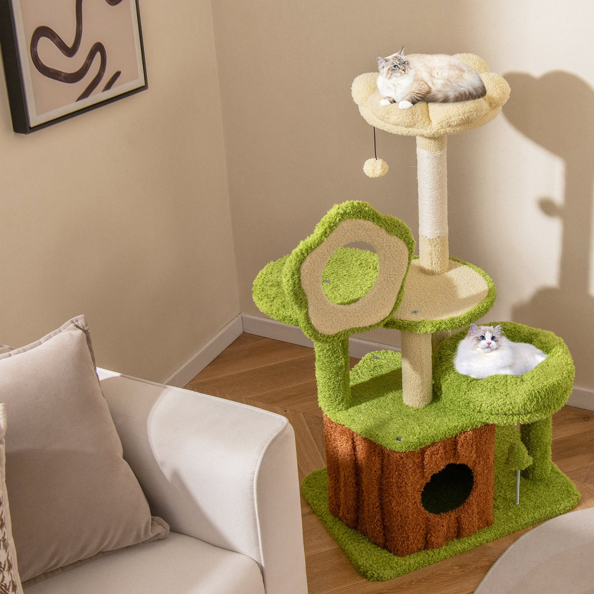 Cute Cat Tree for Adult Cats Multi-level Kitty Tower with Trunk Condo-Green