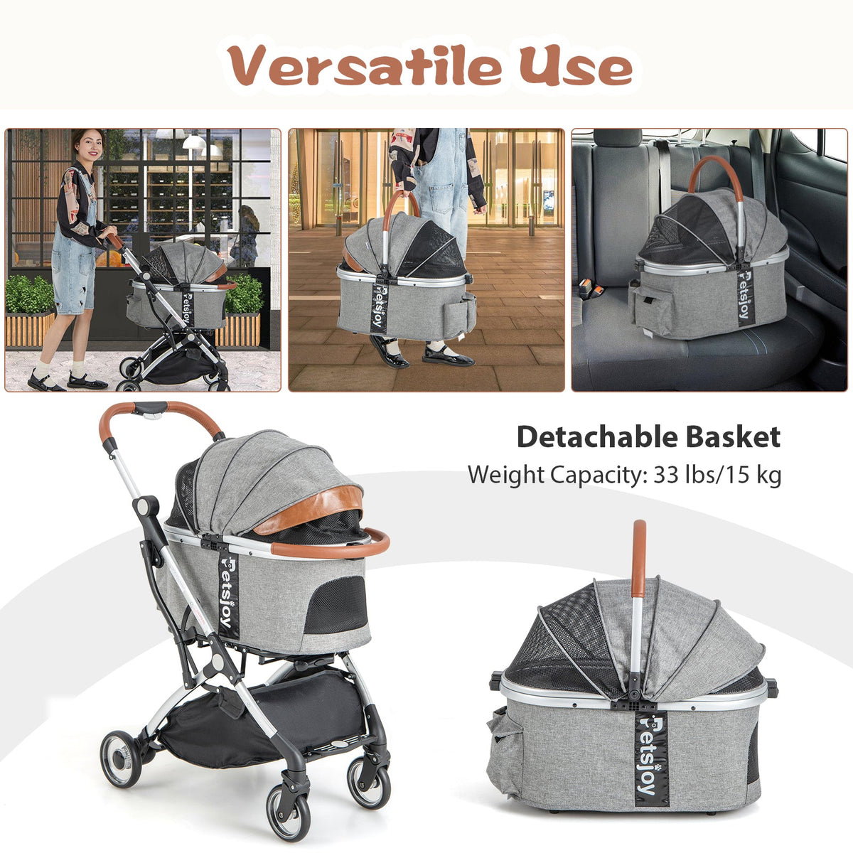 Foldable Dog Cat Stroller with Removable Waterproof Cover-Dark Gray