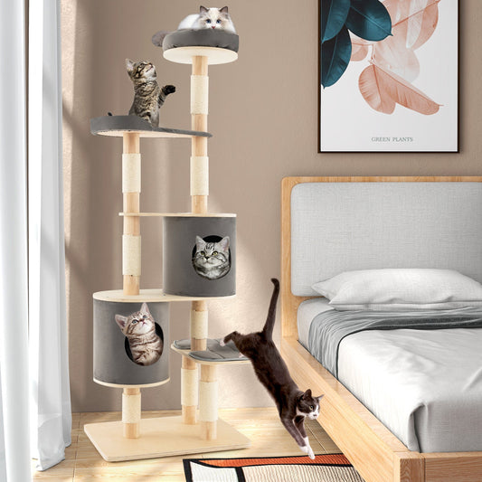 6-Tier Wooden Cat Tree with 2 Removeable Condos Platforms and Perch-Gray
