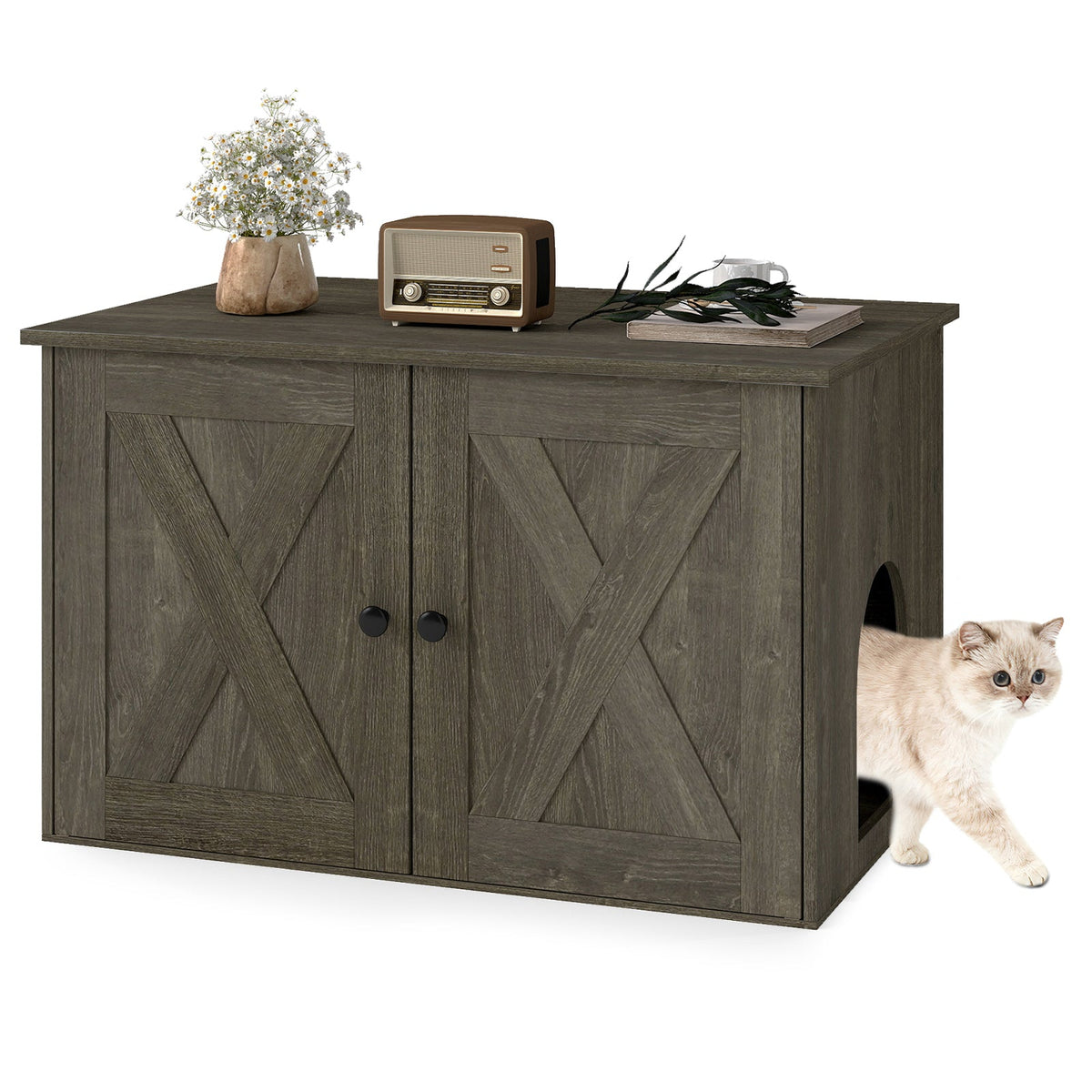 Hidden Cat Litter Box Enclosure Furniture with Divider-Oak