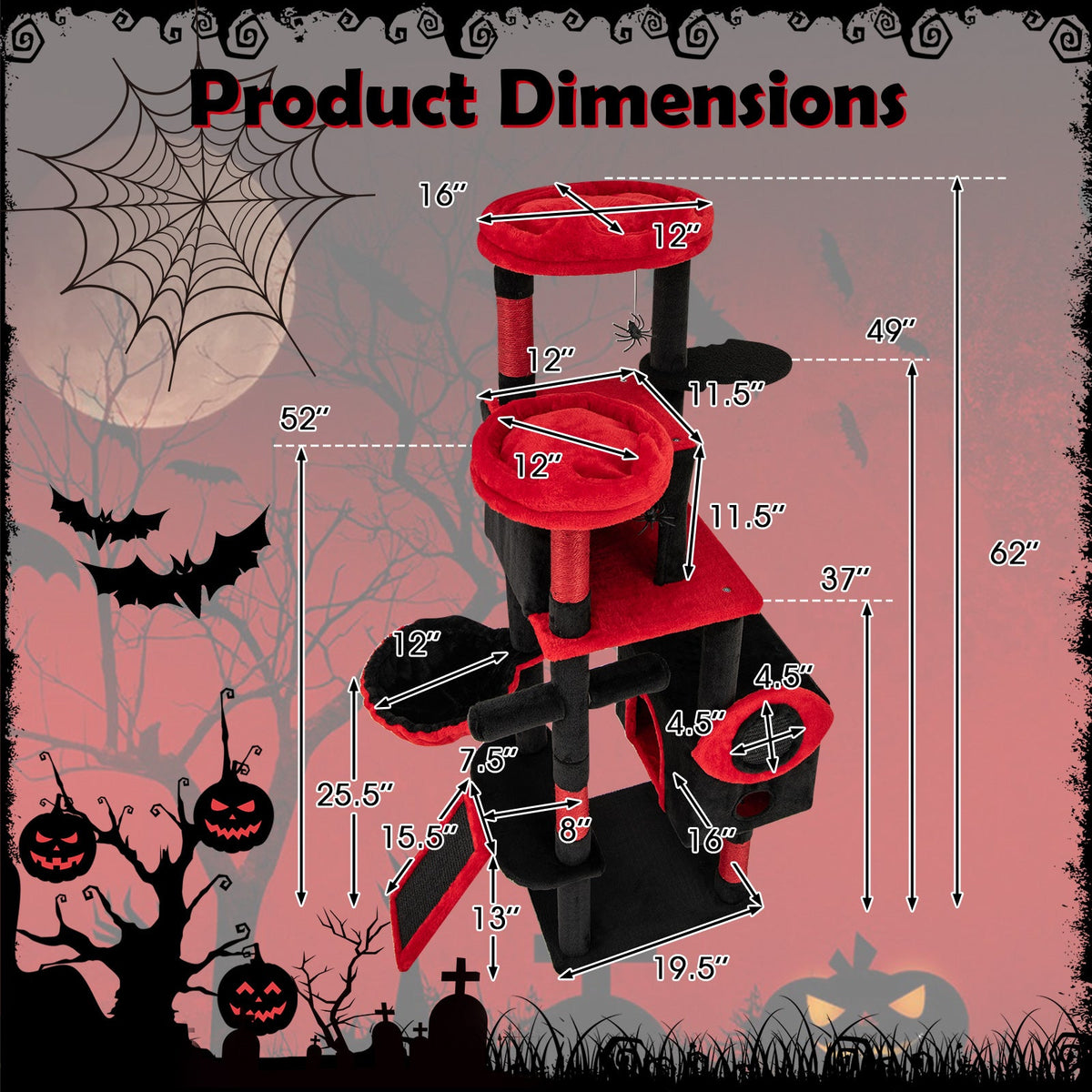 Large Gothic Cat Tree with Cat Condos and Plush Perches-Black & Red