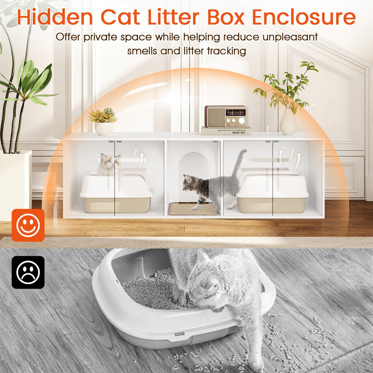 Cat Litter Box Enclosure for 2 Cats with Double Rooms and Sisal Scratching Mat-White