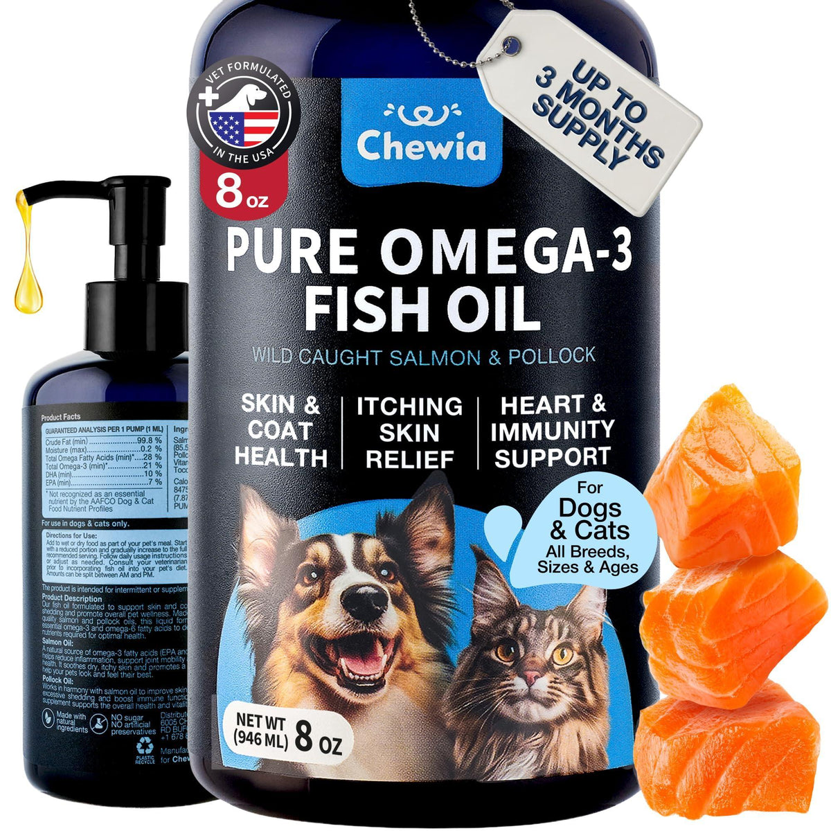 Omega 3 Fish Oil for Dogs and Cats Healthy Skin and Coat Support Supplement Omega 3 6 9 EPA DHA Fatty Acids Itchy Skin, Shedding, Immunity, Joint Wild Caught Salmon and Pollock Food Topper