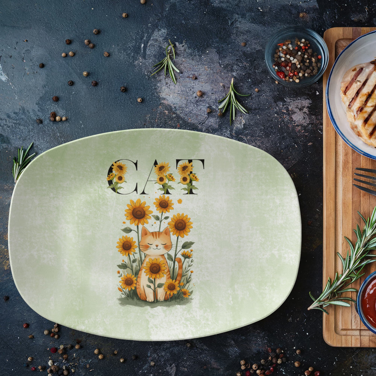 Green Sunflower Cat Collectible Serving Platter