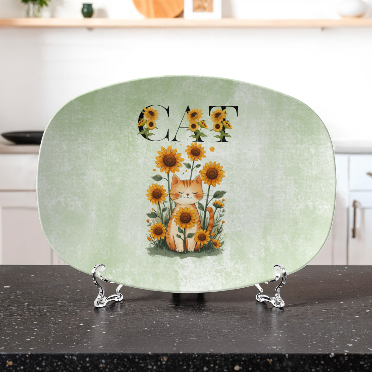 Green Sunflower Cat Collectible Serving Platter