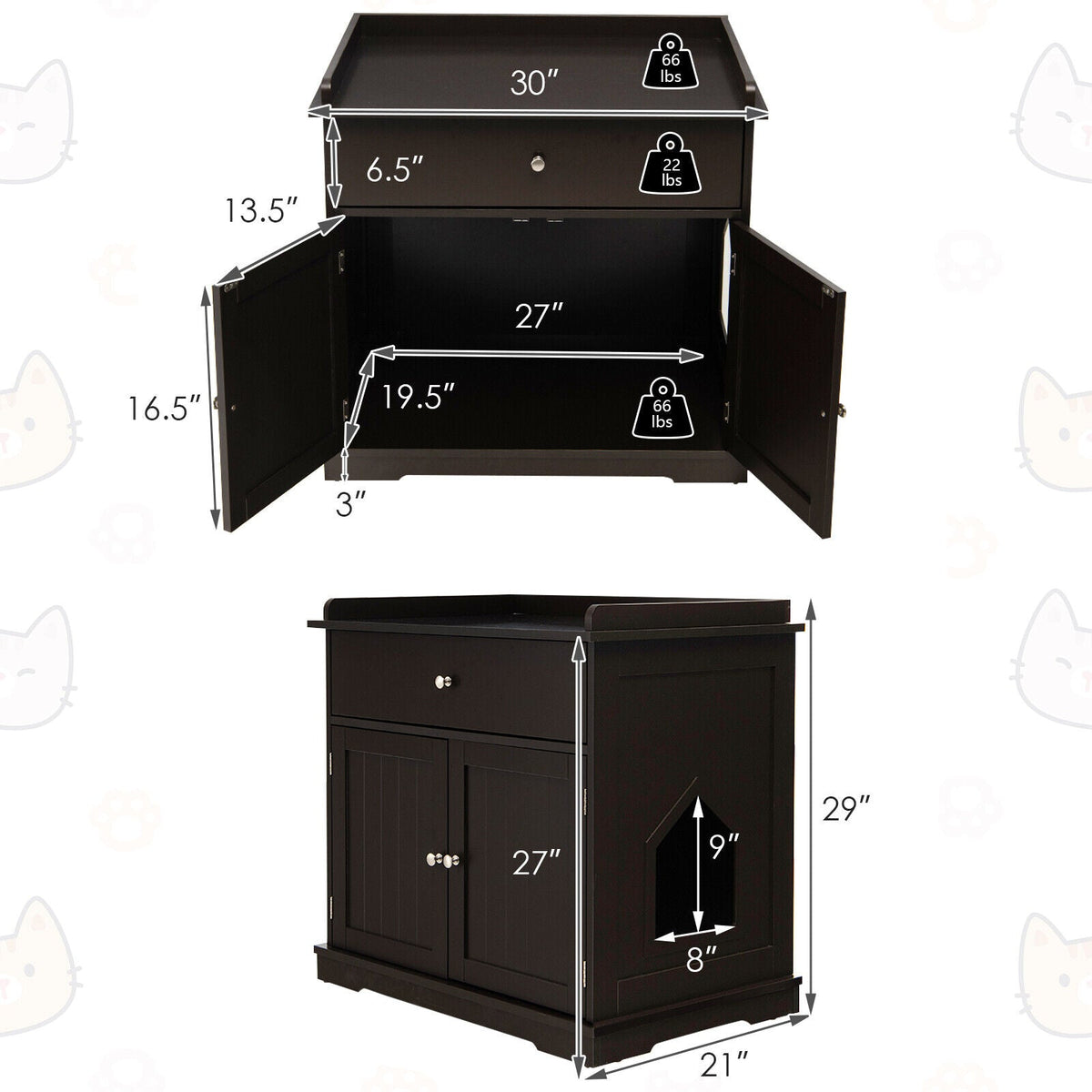 Wooden Cat Litter Box Enclosure with Drawer Side Table Furniture