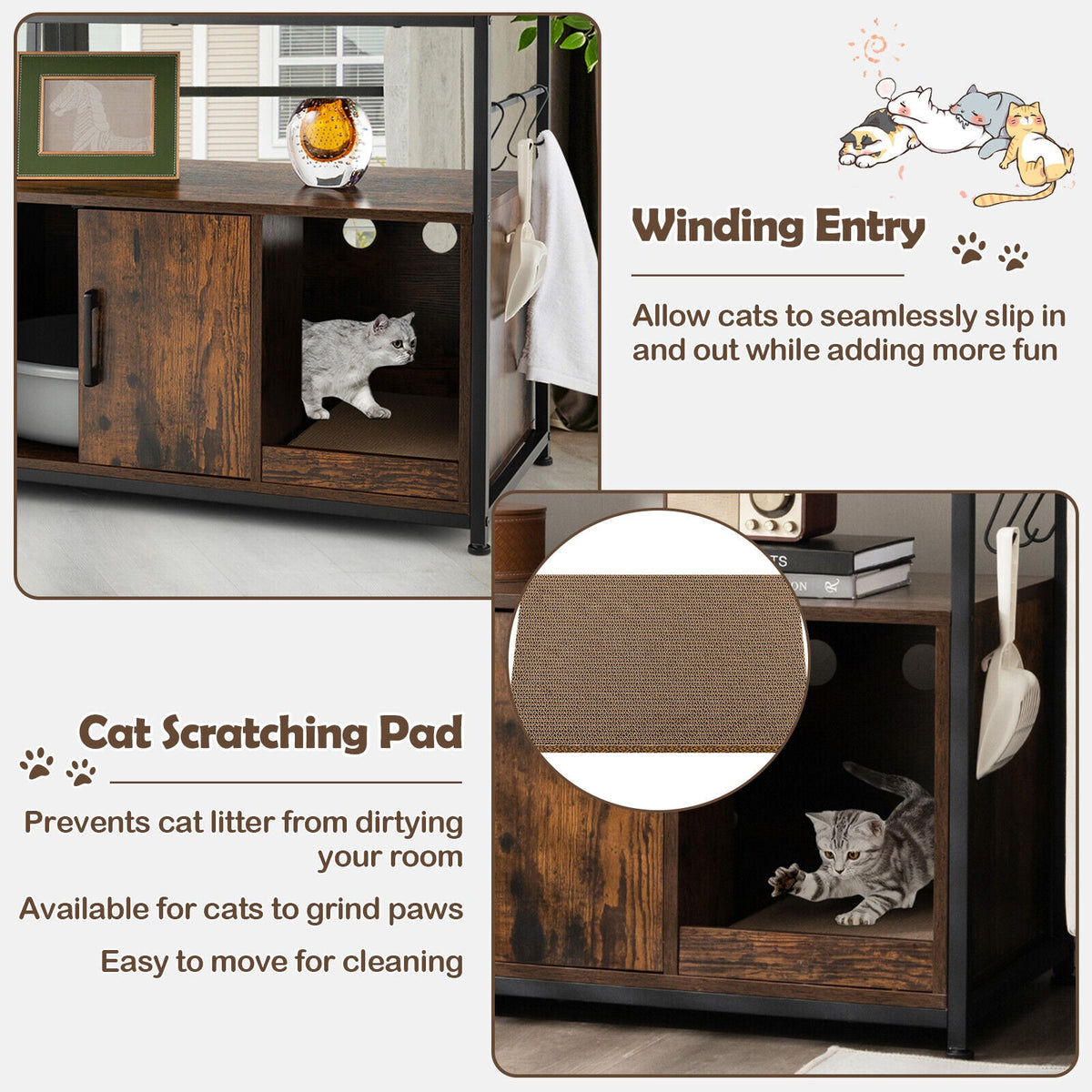Wooden Cat Box Cabinet with with Metal Frame and Scratching Pad-Rustic Brown