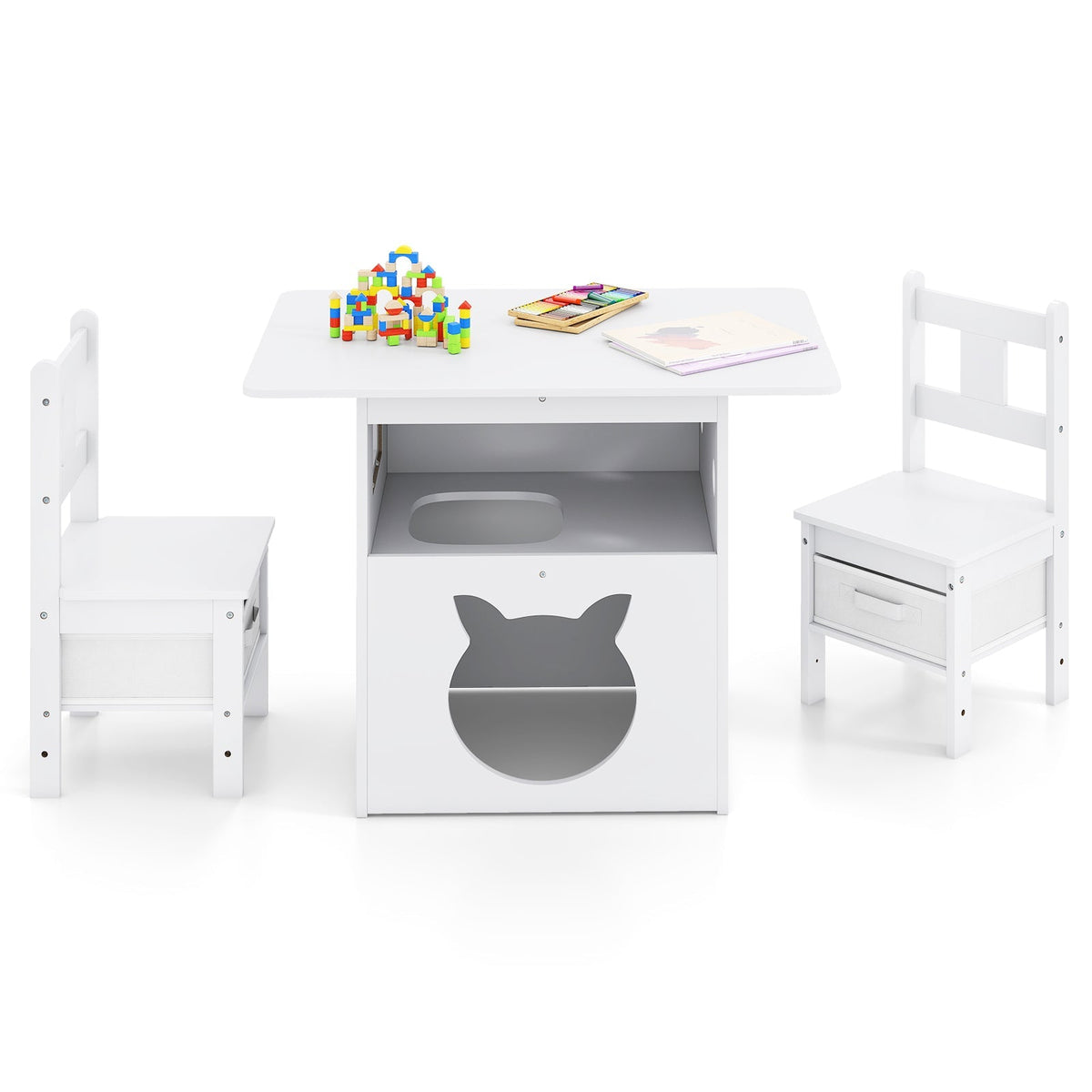 Kids Table and Chairs Set 3 Pieces Wooden Children Furniture with Cat House-White