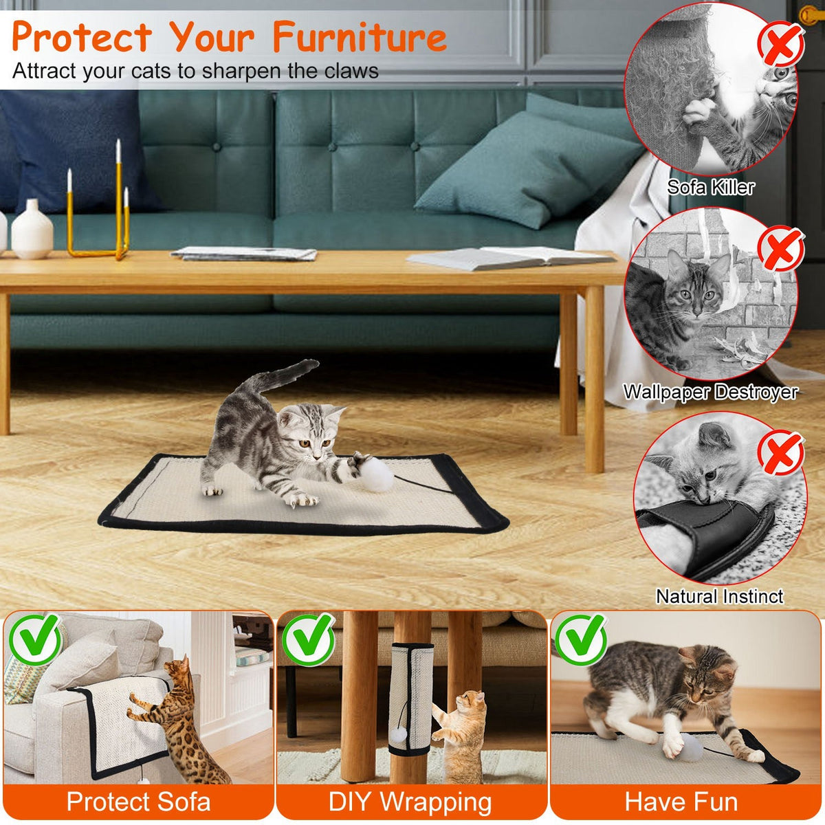 14.96x11.42in Cat Scratching Pad Small Cat Scratcher Natural Sisal Scratching Mat for Cat with 9 Screw Nails Protect Furniture Sofa Carpet
