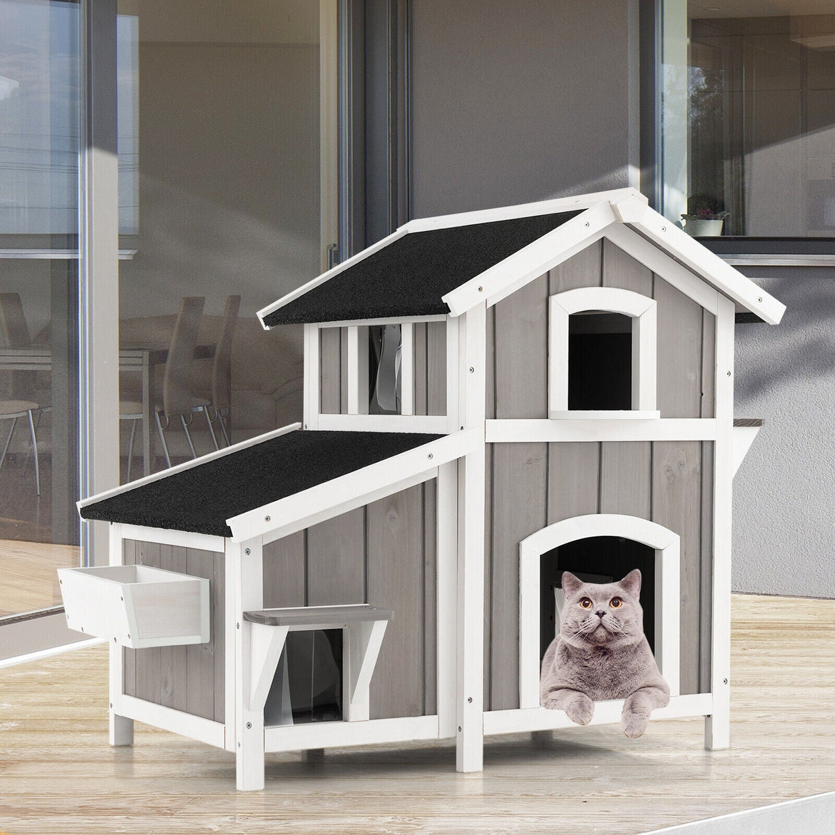 2-Story Outdoor Wooden Feral Cat House with Escape Door-Grey