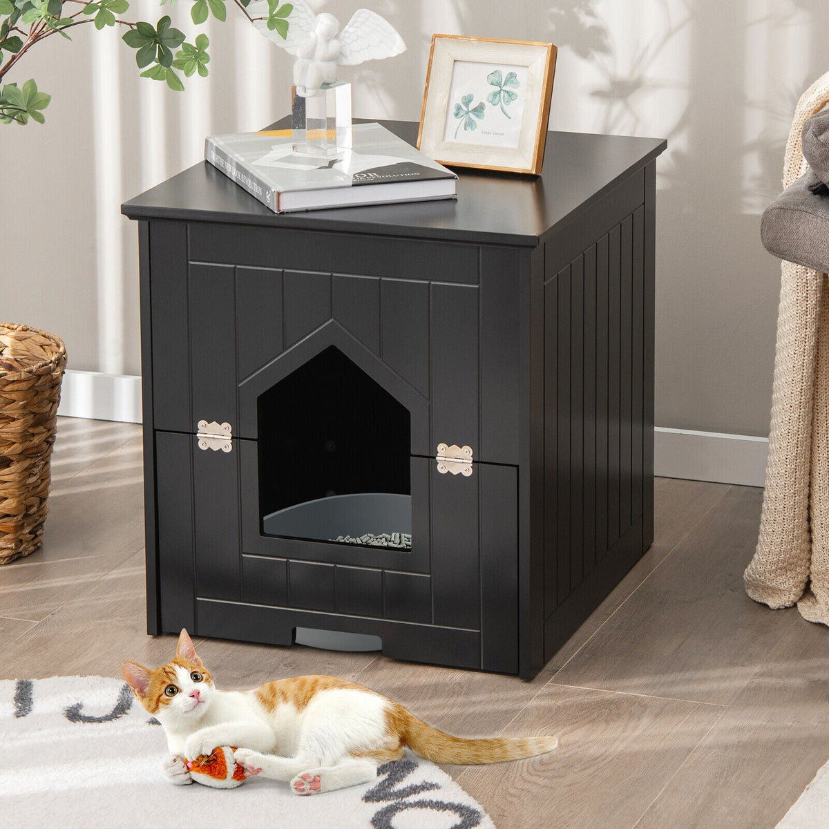 Cat Litter Box Enclosure with Flip Magnetic Half Door