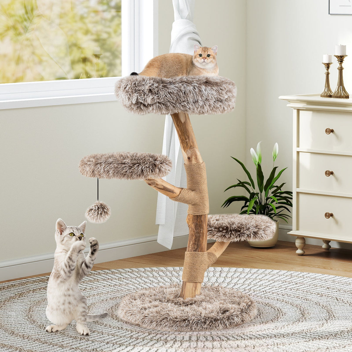 Cat Tree Solid Pear Wood with Perch and Natural Jute Scratching Posts-Brown