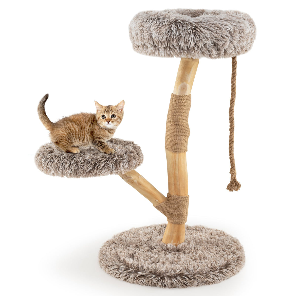 Modern Wooden Cat Tree Tower with Perch and Natural Jute Scratching Posts-Brown