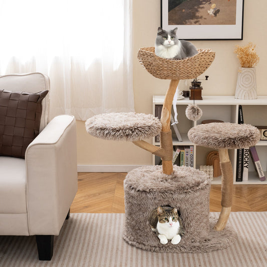 Wood Cat Tree Solid Pear Cat Tree with Perch and Sisal Scratching Posts-Brown