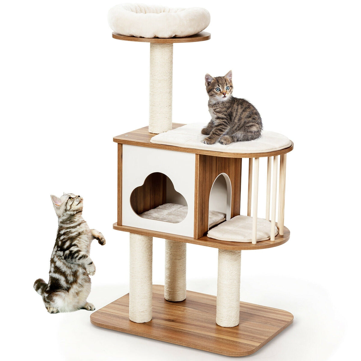 46 Inch Wooden Cat Activity Tree with Platform and Cushions-Brown