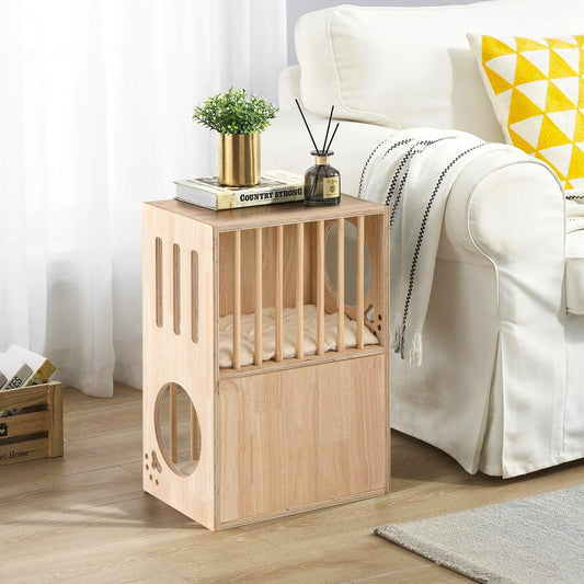 2-tier Wooden Cat Condo Indoor Symmetrical Cat House with Removable Cushions