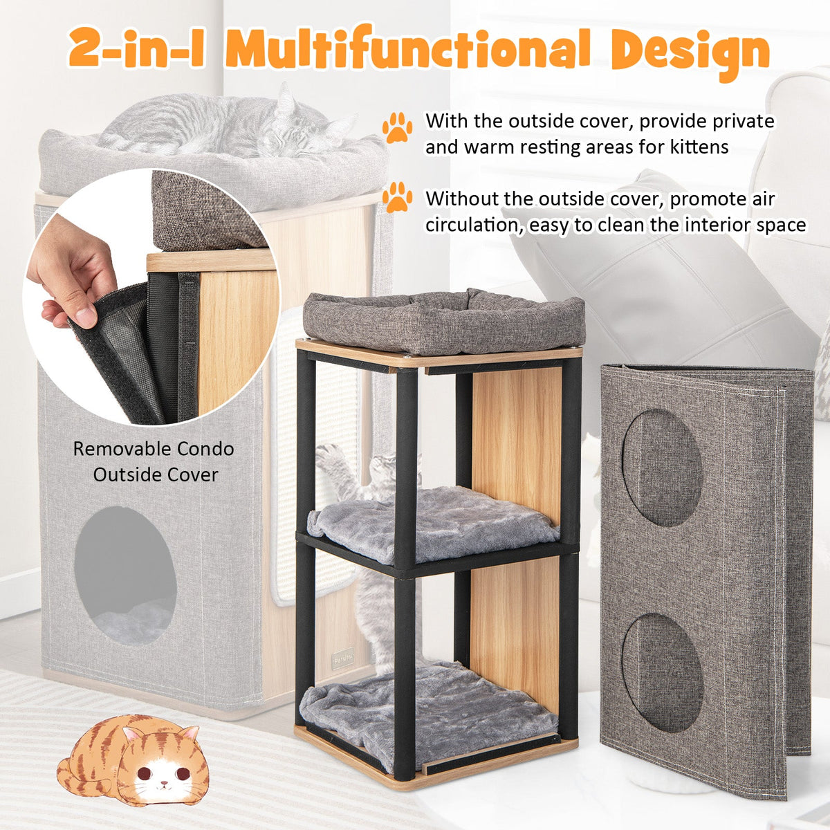 3-Story Cat House with Scratching Board for Indoor Cats