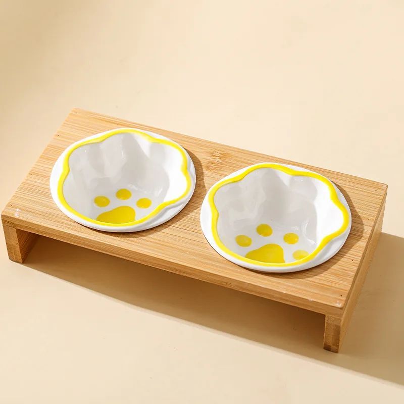 Pet Supplies Bamboo Frame Hand Colored Ceramic Protection For Cervical Vertebrae Eating Drinking Samll Cat And Dog Bowls