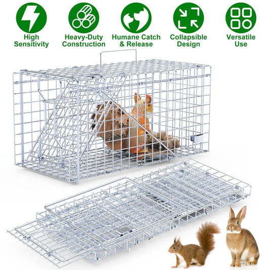 2Pcs 18x8x10In Humane Single Door Live Animal Trap Collapsible Galvanized Iron Animal Cage Catch And Release for Small Squirrel Raccoon Feral Cat Weas