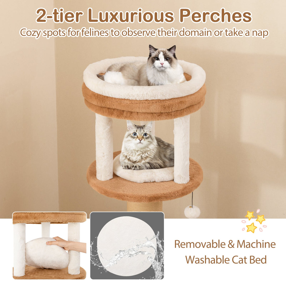 65 Inches Tall Cat Tree with Self-groomer and Removable Cat Bed-Coffee