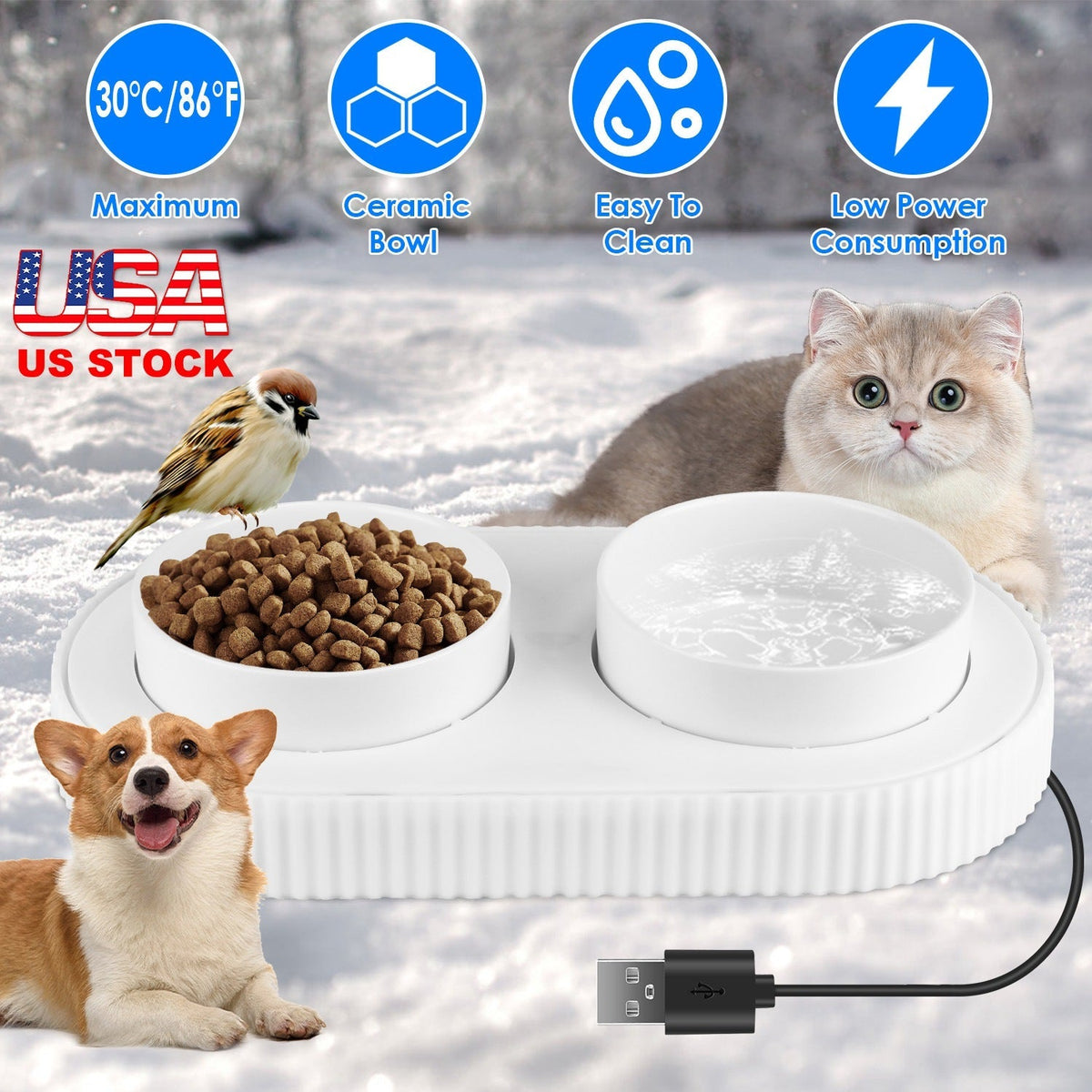 Heated Water Bowl For Dogs And Cats Ceramic Heated Pet Water Bowl Food Warmer USB Powered Thermal Pet Bowl Provide Fresh Non Freezing Drinkable Water
