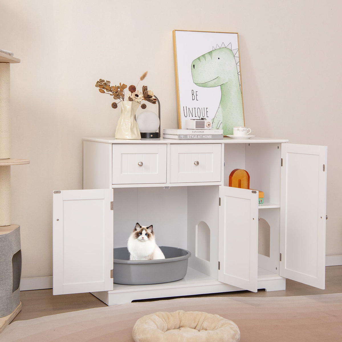 Cat Litter Box Enclosure with 2 Drawers and 3 Doors for Kittens and Adult Cats-White