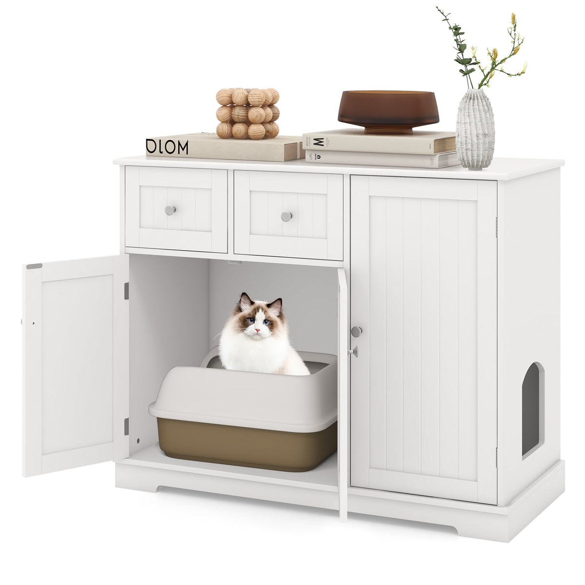 Cat Litter Box Enclosure with 2 Drawers and 3 Doors for Kittens and Adult Cats-White