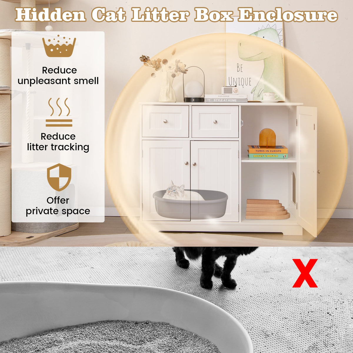 Cat Litter Box Enclosure with 2 Drawers and 3 Doors for Kittens and Adult Cats-White