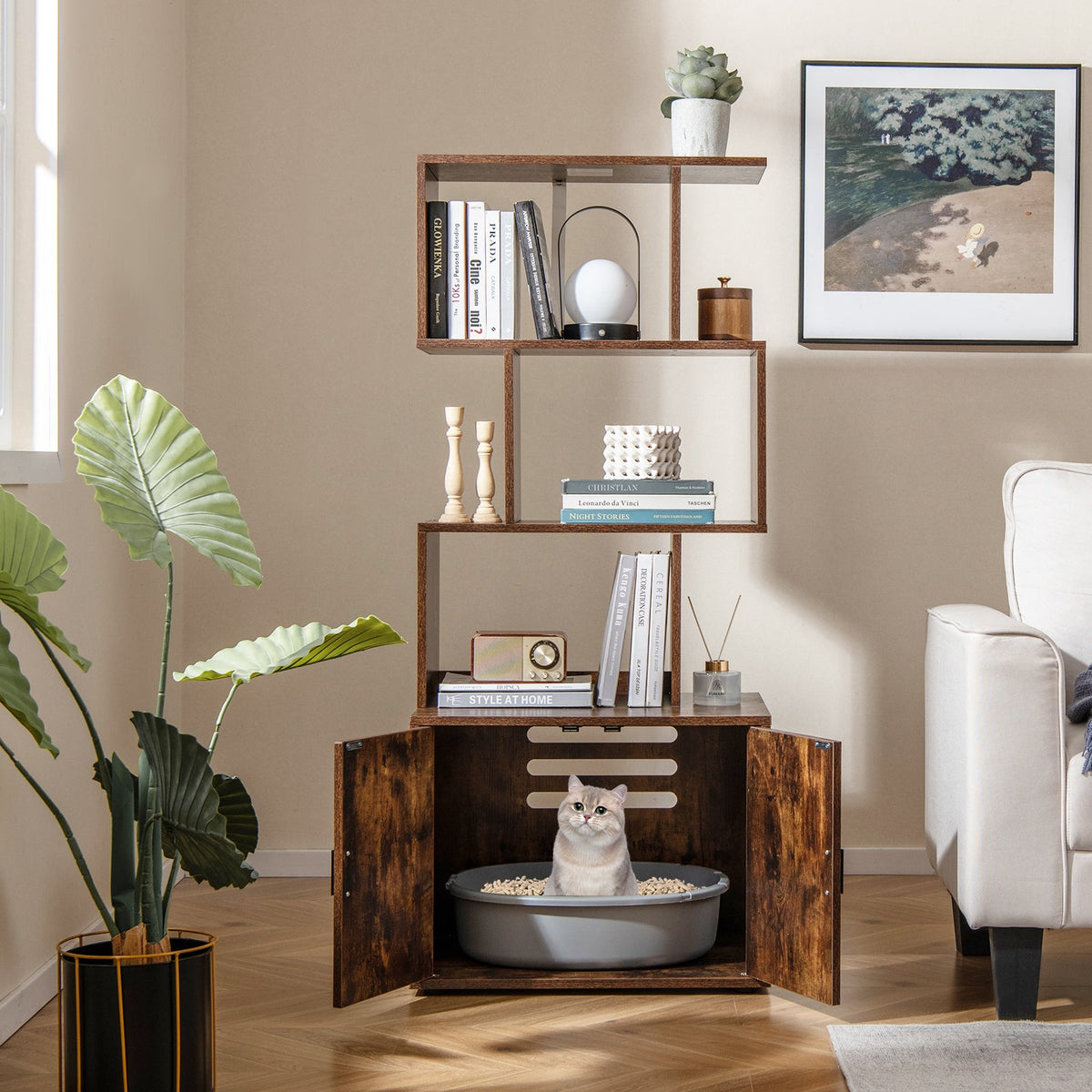 56 Inch Tall Cat Litter Box Enclosure with Storage