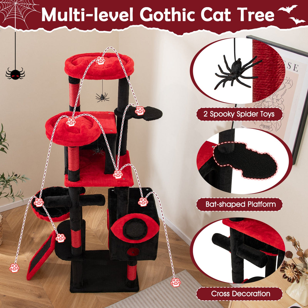 Large Gothic Cat Tree with Cat Condos and Plush Perches-Black & Red