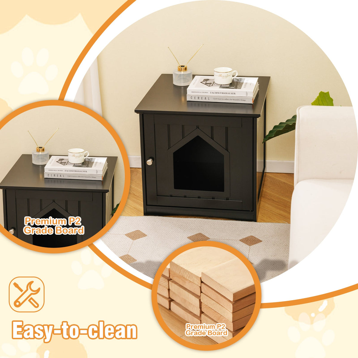 Sidetable Nightstand Weatherproof Multi-function Cat House-Black