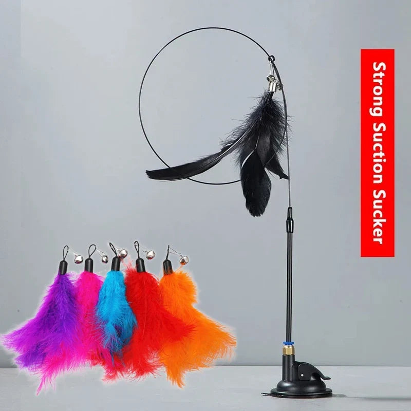 Cat Teaser Toy Cat Teaser Pole With Feather Bell Extended Rod Suction Cup Durable Bite Teaser Stick Replaceable Feather Head