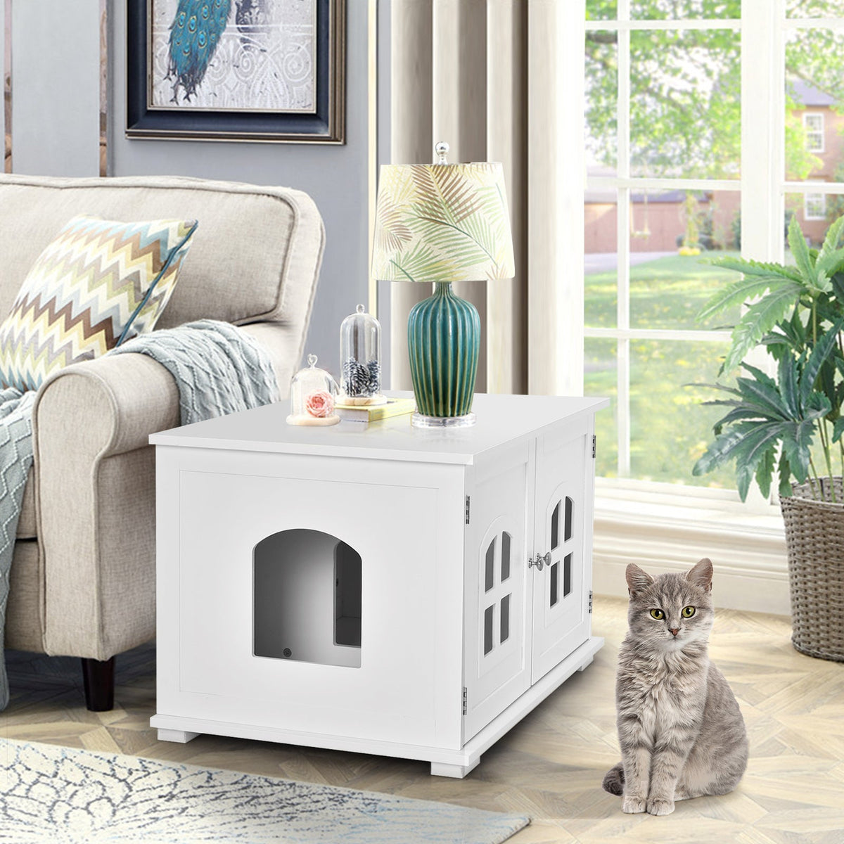 Large Wooden Cat Litter Box Enclosure Hidden Cat Washroom with Divider White
