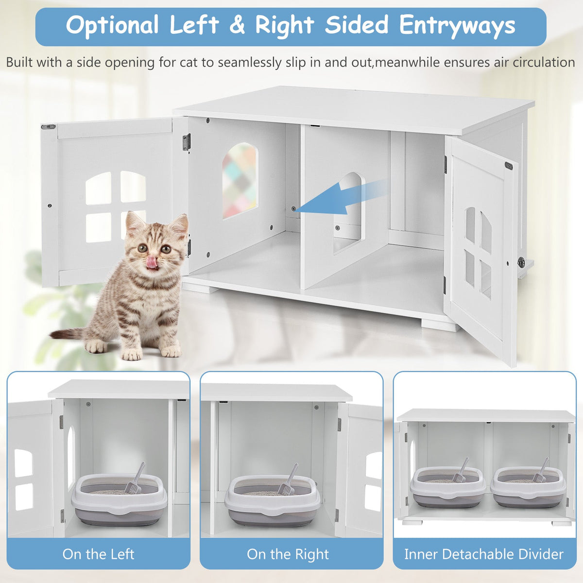 Large Wooden Cat Litter Box Enclosure Hidden Cat Washroom with Divider White