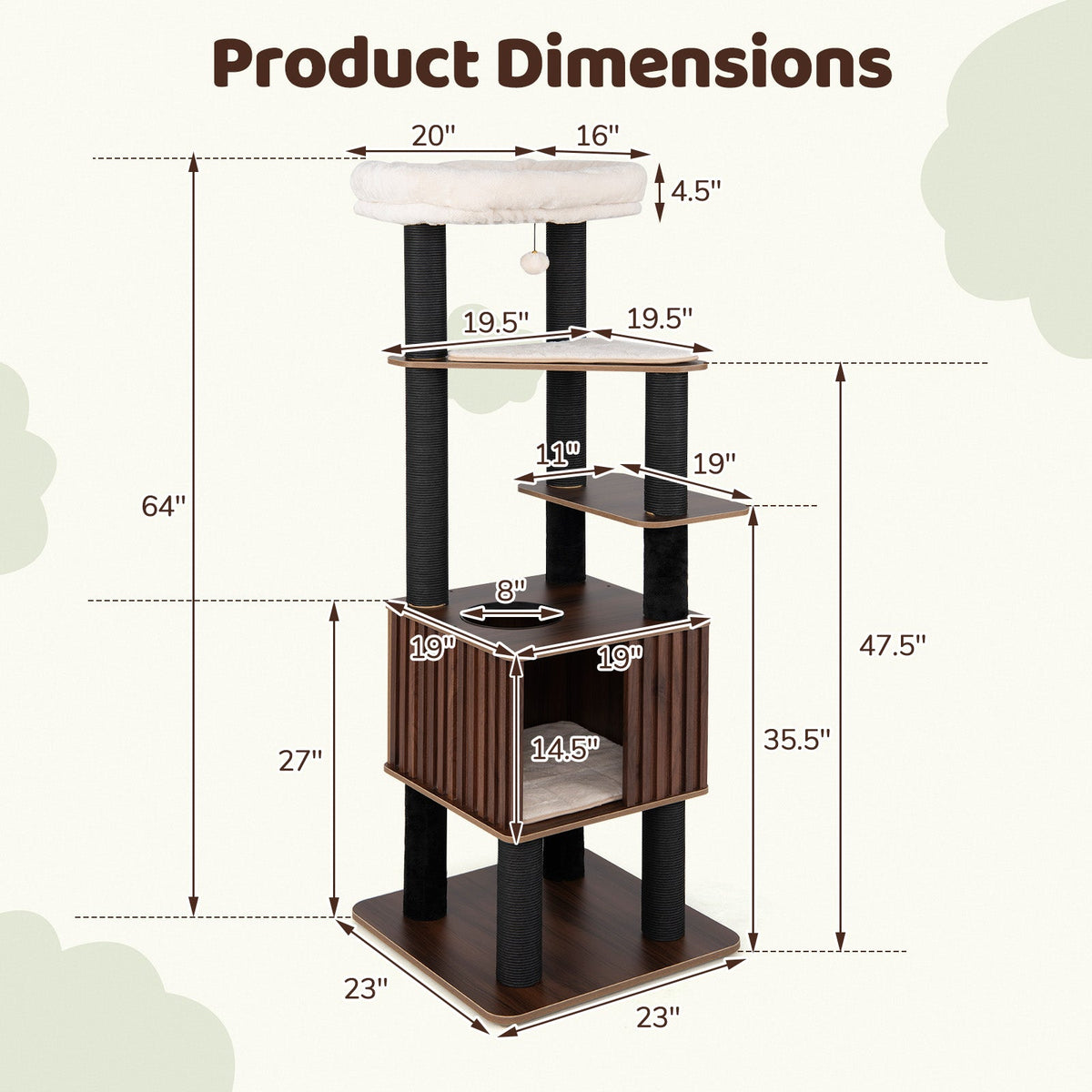 Wooden Cat Tower Top Perch with Soft Padding-Brown