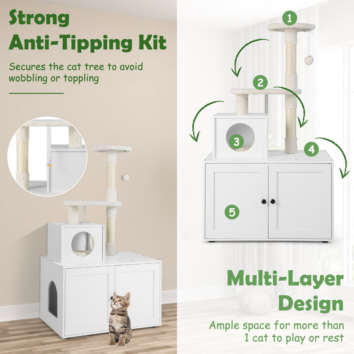Cat Tree with Litter Box Enclosure with Cat Condo-White