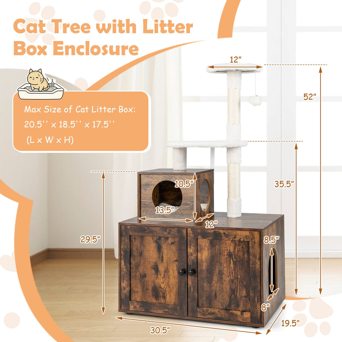Cat Tree with Litter Box Enclosure with Cat Condo-Rustic Brown