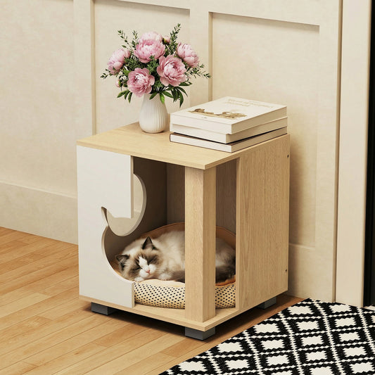 Wooden Semi-enclosed Cat Condo with Kitty Head-shaped Entry and Metal Legs-Natural