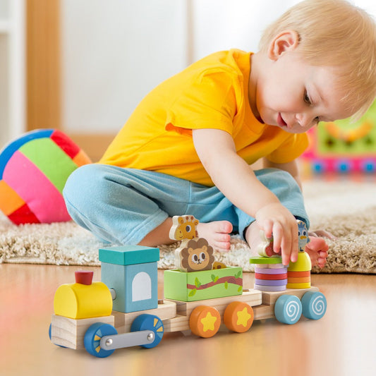 Wooden Stackable Educational Train Set with Colorful Animal Toys and Retractable Locomotive