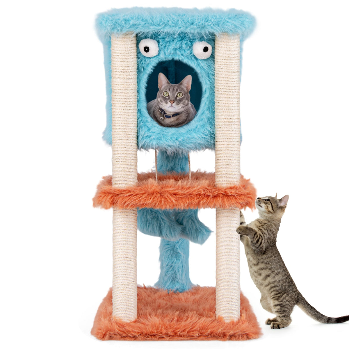 Cute Monster-Themed Cat Tower with Private Condo and Soft Long Plush-Blue