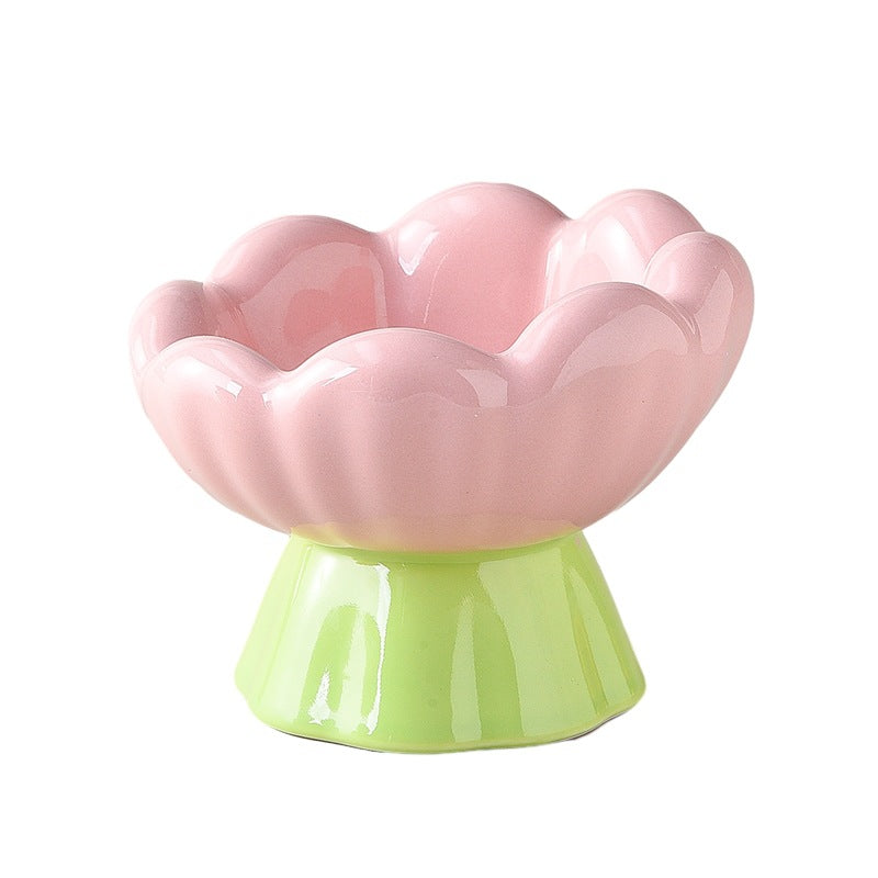 Ceramic Raised Cat Bowl Shallow Wide, Anti-Vomiting And Whisker Fatigue, Non-Slip, Tilted Cute Flower Cat Food And Water Bowls For Indoor Cats, Pink